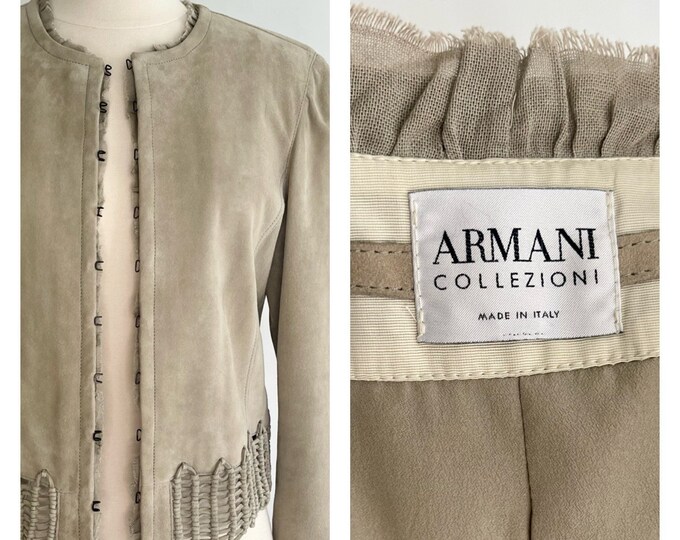 90s Armani Jacket Beige Suede Minimalist Collarless Simple Style Macrame Detail Armani Collezione Made in Italy Womens XS S