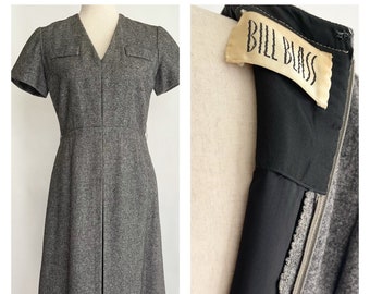 70s Bill Blass Dress American Designer Gray Grey Wool Short Sleeve Dress Minimalist Simple Classic Cut XS