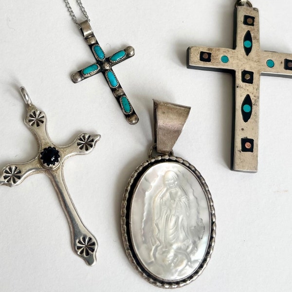 Southwest Religious Cross Pendant Native American Zuni Navajo Taxco Sterling Silver 925 Turquoise Carved Mother of Pearl Madonna Saint Icon