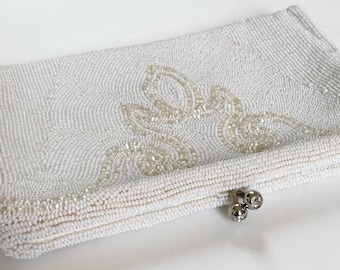 Belgium Glass Beaded Purse Clutch Ivory White Glass Beads Classic Bridal Wedding Bag Diamante Kiss Lock Something Old