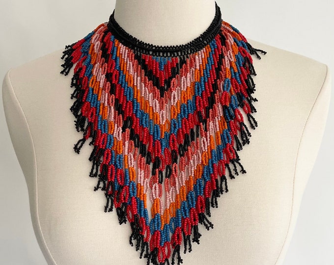 Dramatic Beaded Collar Necklace Bib Necklace Likely Ukrainian Krywulka Handmade Seed Bead Statement Necklace Multicolor Red Blue Coral Black