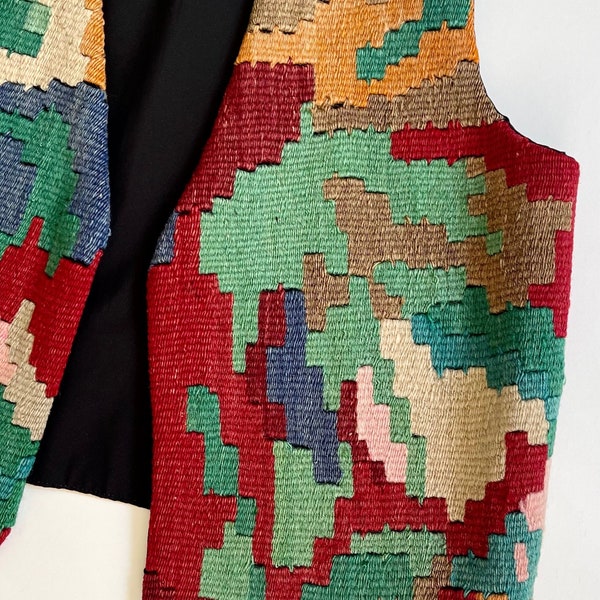 Santa Fe Kilim Wool Vest Vintage Multi Color Colorful Woven Wool Tribal Boho Ethnic Tapestry Creative by Kilims de Santa Fe