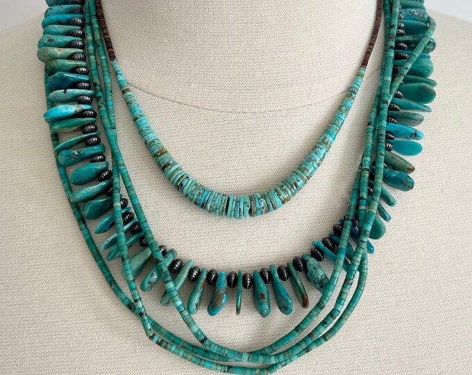 Native American Turquoise Necklace Vintage Native Santo Domingo Beaded Turquoise Sterling Silver Stacking Layering Necklaces