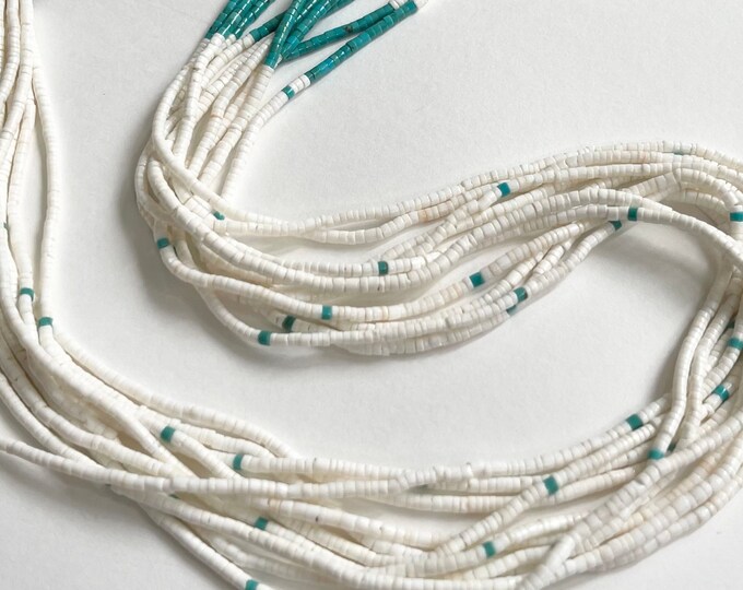 Multi Strand Heishi Necklace Delicate Natural Turquoise White Clamshell Shell Beads 10 Strand Vintage Native American Bead Beaded Long 30"