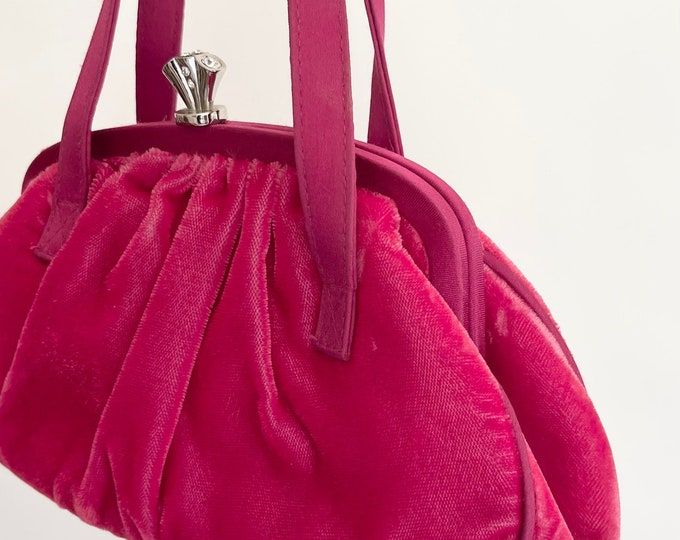 Magenta Velvet Evening Bag Wristlet Purse Vintage 80s La Regale Original Tag Small Dark Pink Special Occasion Wedding Top Handle Bag