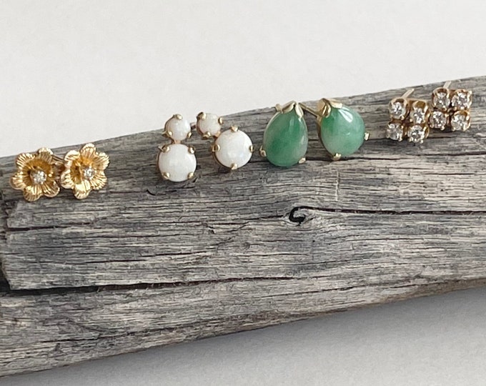 Solid 14K Gold Earrings Stud Earrings Studs Tiny Dainty Small Delicate Vintage Estate Jewelry Opal Jade Diamond Gemstone Flower Teardrop