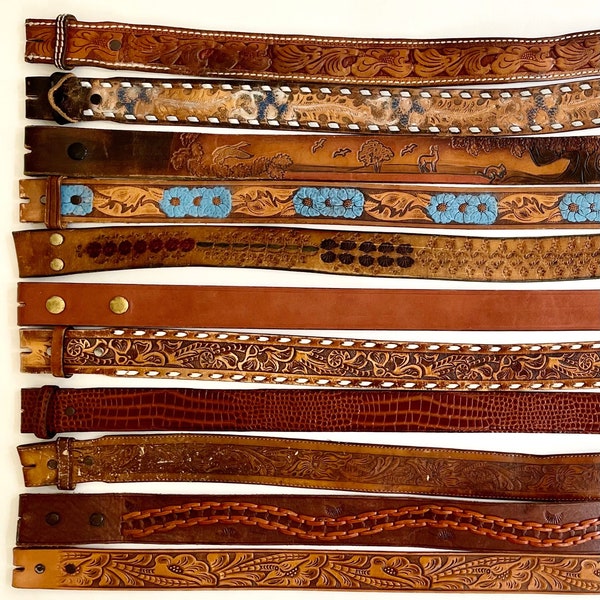 Tooled Leather Belt Strap Vintage Snap On Detachable Brown Black Distressed Rugged Floral Western Mens Women's Western Belt Strap for Buckle