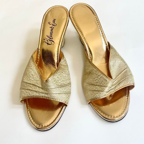 Gold Lame Mules Bedroom Slippers Dress Slides Vintage 60s Glamour Ease Great Condition Little Wear Wedge Heel Size 8