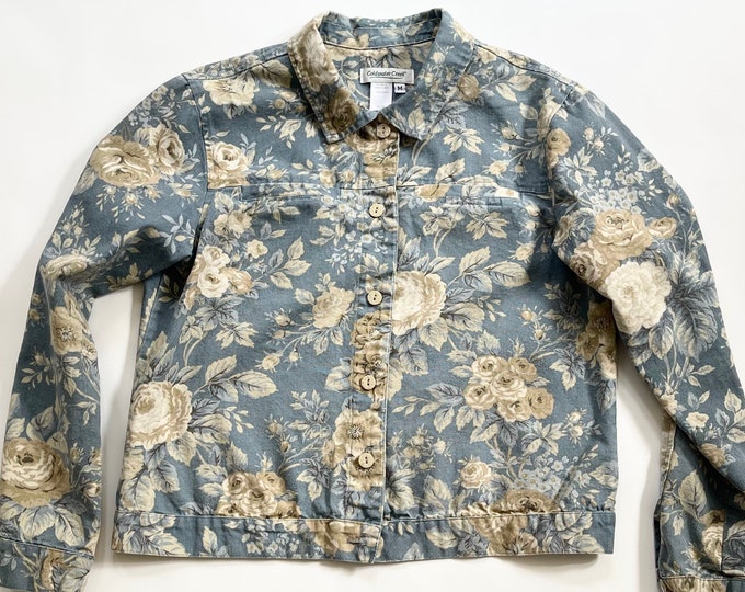 Floral Denim Jacket Coat 90s Y2K Vintage Made in USA Coldwater Creek Blue White Rose Flower Print Grunge Cottage Core Size XS S