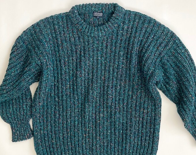Irish Marled Wool Sweater Teal Blue 100% Wool Made in Ireland by Land's End Mens Winter Apres Ski Crew Neck Sweaters M L
