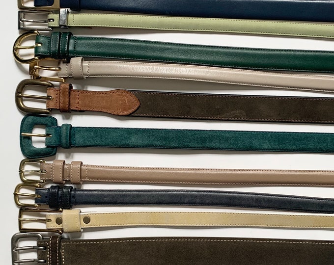 Plain Colored Leather Belt Vintage Women's Belts Minimalist Simple Classic Gold Brass Silver Buckle Skinny Belt Navy Blue Hunter Green Beige