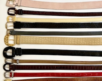 Reptile Croco Leather Belt Vintage Brown Black Red Pale Yellow Embossed Leather Women's Belts Minimalist Simple Classic Plain Skinny Lizard