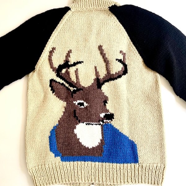 Vintage Cowichan Sweater Cardigan Handwoven Wool Deer Stag Animal Pictorial Christmas Holiday Sweater Natural White Black Mens M L