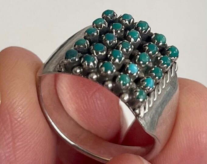 Five Row Snake Eye Turquoise Ring Pete and Vivian Haloo Native American Zuni Sterling Silver Micro Tiny Turquoise Stones Size 7.25