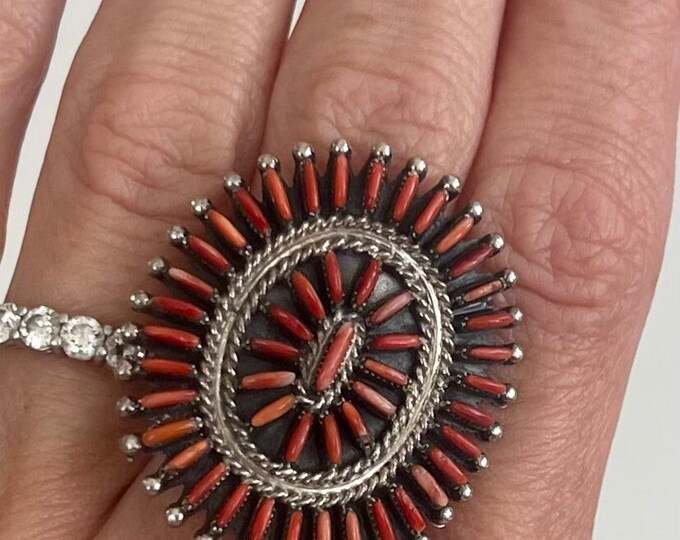 Intricate Coral Cluster Ring Artist Signed HW Vintage Native American Zuni Sterling Silver Large Red Coral Multi Stone Oval Sz 7.75