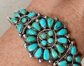 Zuni Turquoise Cluster Bracelet Cuff Vintage Native American Artist Signed MW Petit Point Needlepoint Floral Radial