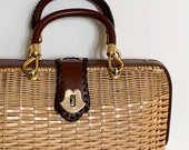 Large Wicker Purse Bag Top Handle Vintage Rattan Weave Woven Brass Tone Hardware Heavy Sturdy Weight Made in Hong Kong
