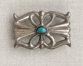 Turquoise Belt Buckle Sandcast Sterling Silver Vintage Native American Navajo Artist Signed HS