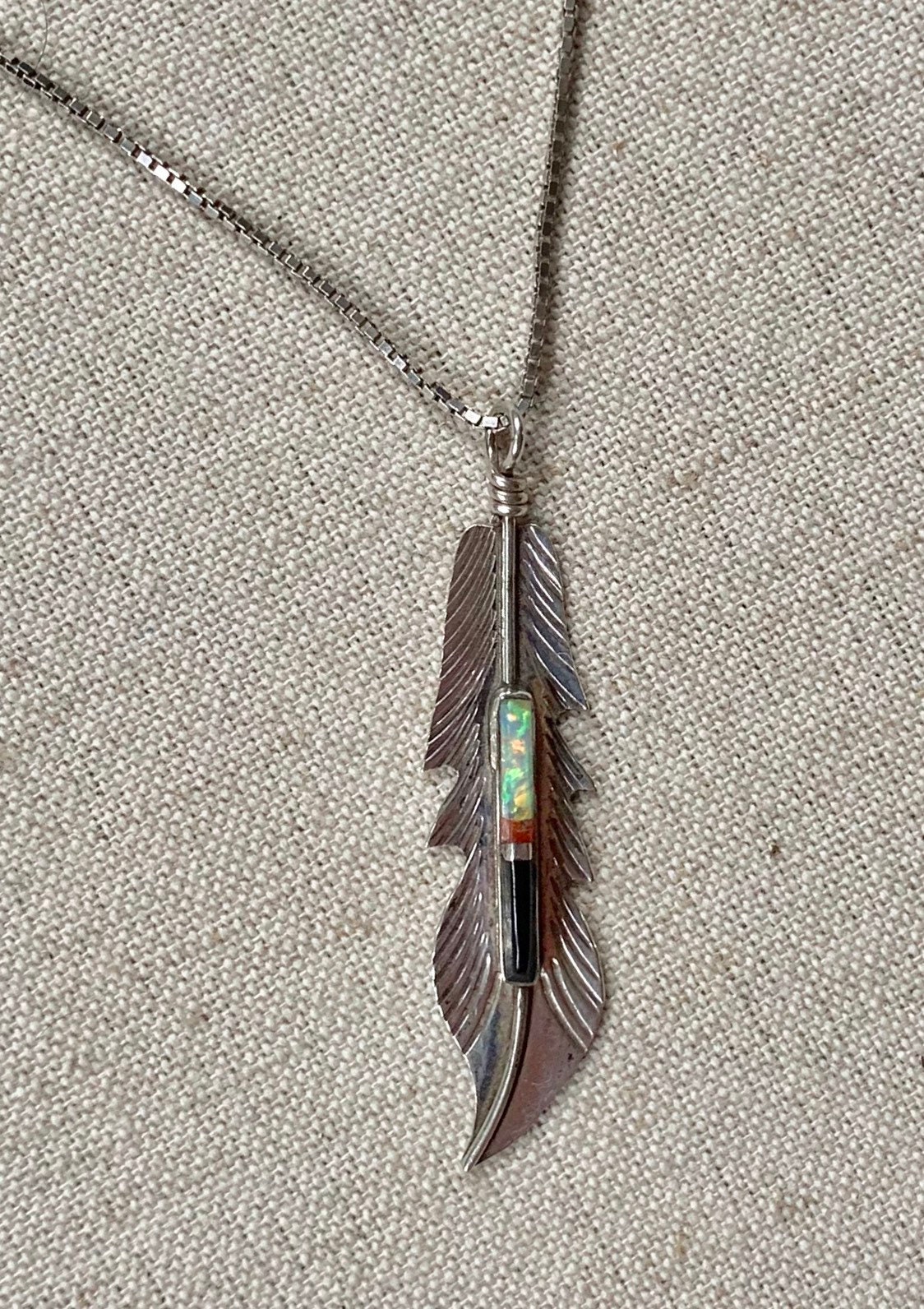 Navajo Feather Pendant Necklace Sterling Silver Opal Coral Black Onyx ...