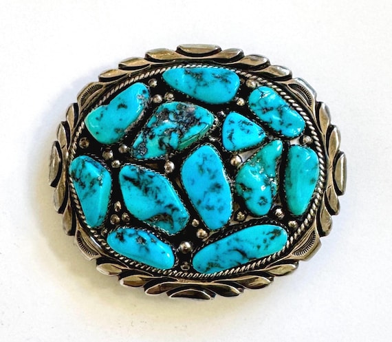 Sterling Turquoise Cluster Buckle Cecil Ashley CA Signed Southwest Native American Navajo Vintage Sterling Silver Belt Buckle Large Oval