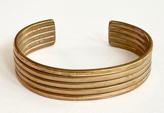 Minimalist Solid Brass Cuff Bracelet Vintage Simple Lined Railroad Modernist Style Maker Hallmarked
