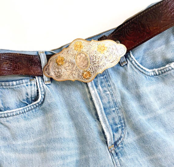 Vintage Western Tooled Leather Trophy Belt Engraved Montana Silversmiths Silver Plate Buckle