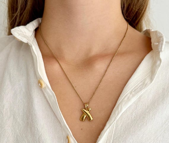 Vintage Gold X Necklace Vintage Gold Tone Costume Jewelry X Shaped Pendant Delicate Chain Minimalist Gold Jewelry