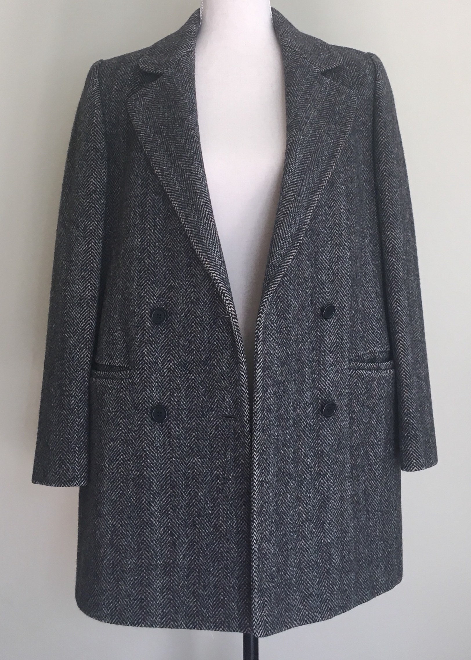 Oversized Herringbone Tweed Coat Jacket Vintage J G Hook Grey Gray Wool ...