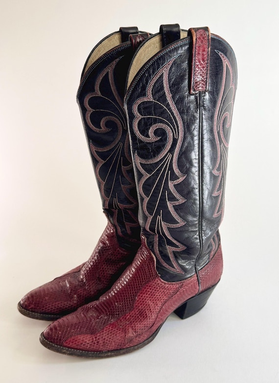 Snakeskin Leather Cowboy Boots Vintage Dan Post Tall Black Oxblood Red Western Boots Stitched Detailing Stacked Heel Womens 8 Shoes