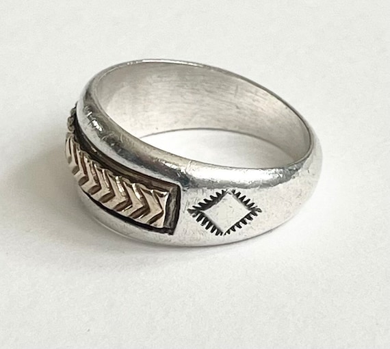 14K Gold Sterling Band Men's Vintage Native American Navajo Hand Stamped Ring Modernist Minimalist Style