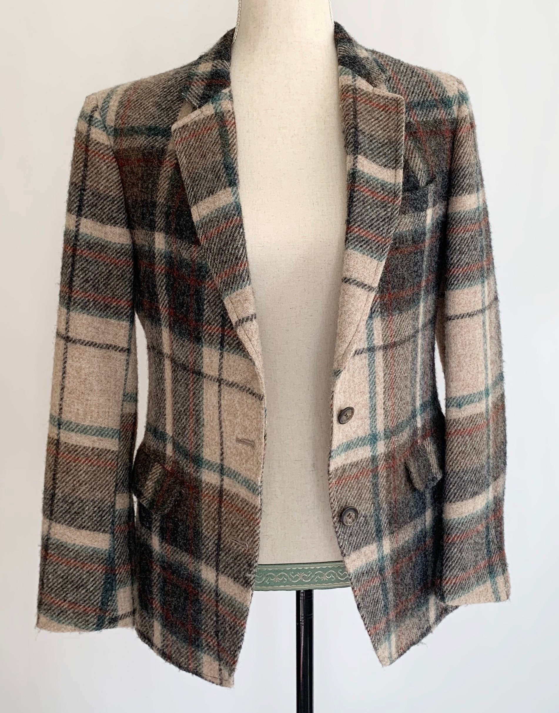 Wool Plaid Jacket Blazer Vintage 70s Lands End Charter Collection Beige ...