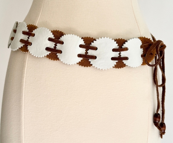 Pieced Leather Belt Handmade Vintage Adjustable Tie Waist Belt White Tan Brown Suede Boho Folk Western Style Belt
