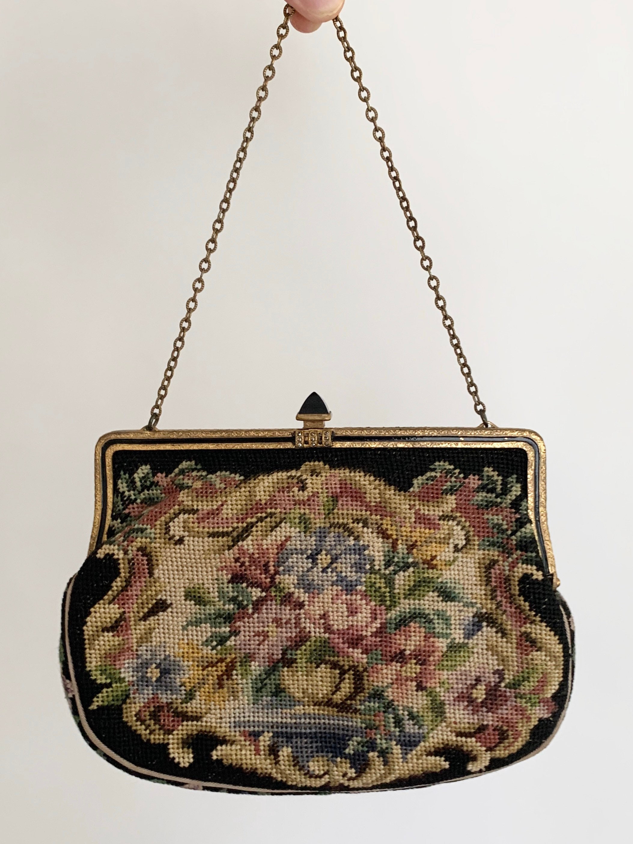 Needlepoint Tapestry Purse Clutch Victorian Black Floral Rose Onyx