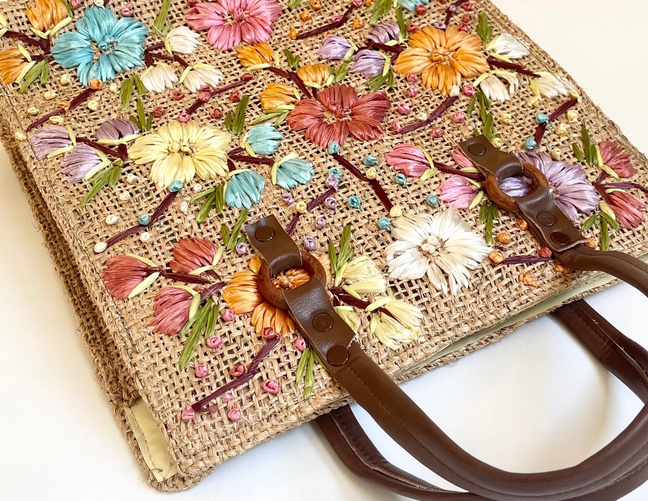 Embroidered Raffia Floral Bag Straw Purse Bags by Patricia Mid Century  Vintage Boho Folk Summer Vacation Style Wood Top Handle