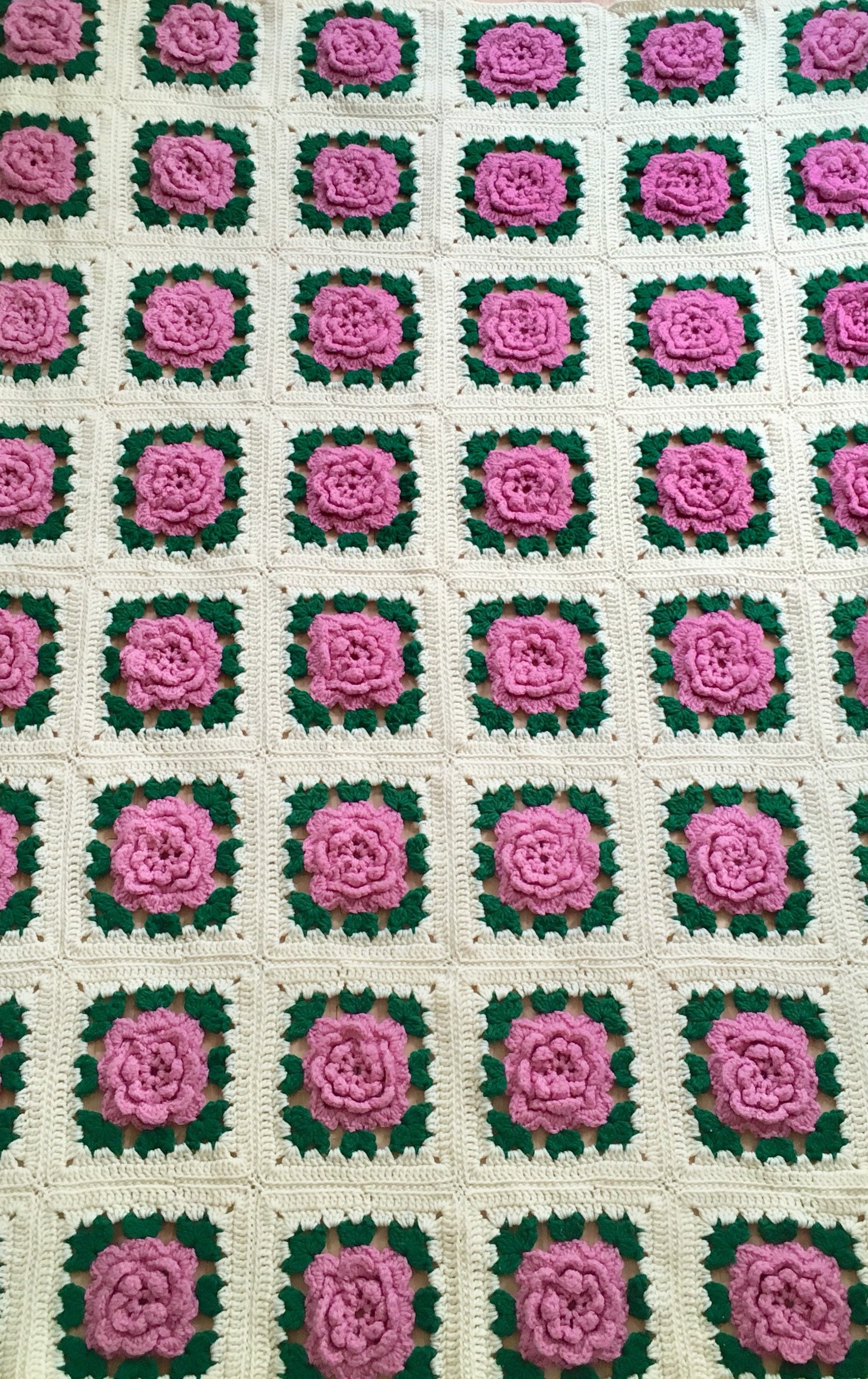 Floral Crochet Blanket Throw Afghan Vintage Handmade Hand Knit White