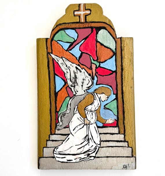 Religious Folk Art Retablo Wood Painting Vintage Southwest Saint San Gabriel Divine Messenger