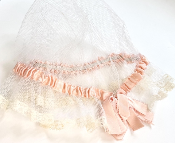 Antique Victorian Breakfast Cap Bonnet Ballet Pink Satin Bow White Mesh Netting Historical Period Costume