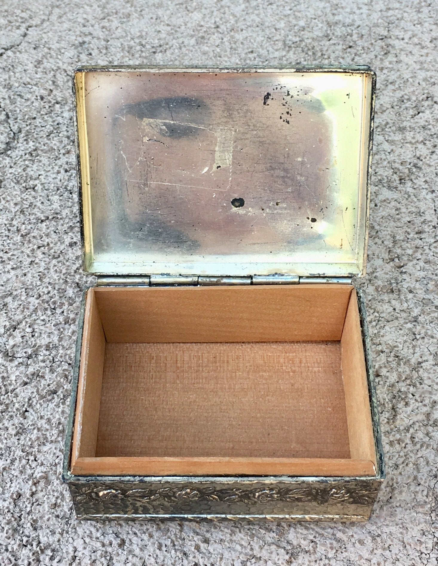 Charming Antique Tin Box Embossed with Floral Rose Design Wood Lining