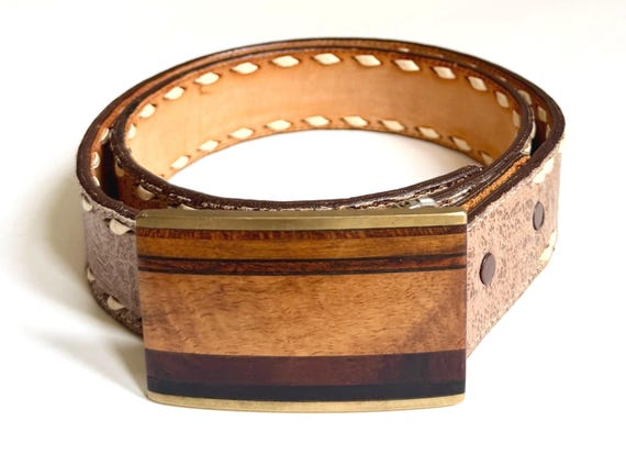 Vintage Kenneth Reid Brass Wood Inlay Buckle Western Leather Belt Strap