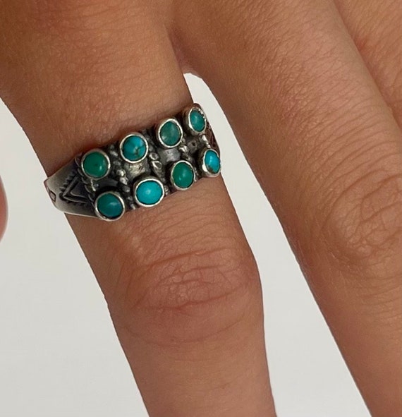 Double Row Turquoise Ring Band Fred Harvey Antique 30s 40s Native American Navajo Two Row Snake Eye Turquoise Sterling Silver Size 7.75