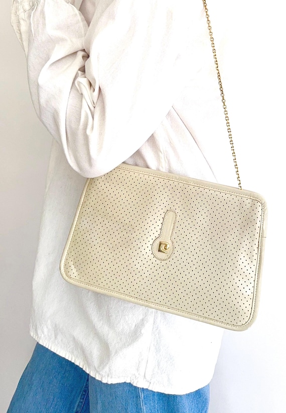 Vintage Pierre Cardin Perforated Leather Clutch: 80s Gold Chain Bag