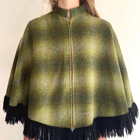 70s Plaid Wool Cape Poncho Tregos Westwear Vintage Black Dark Olive Green Fringe Hem Western Cowboy Outerwear Topper