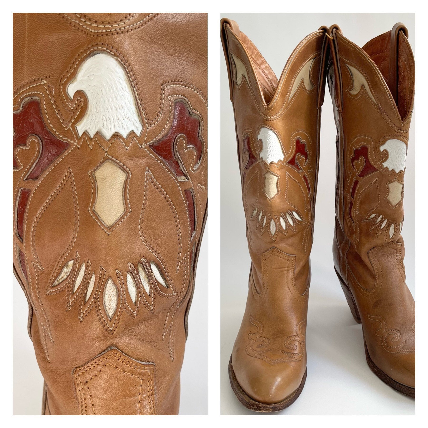 80’s Eagle Inlay Cowboy Boots Vintage Miss Capezio Made in USA Western Leather Tall Boots Womens Marked Size 9 Fits a Size 8