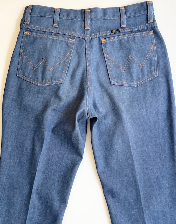 70s Wrangler Jeans 30 x 29 Made in USA Mens Pants Trousers Slightly Flared Medium Wash Contrast Orange Stitching