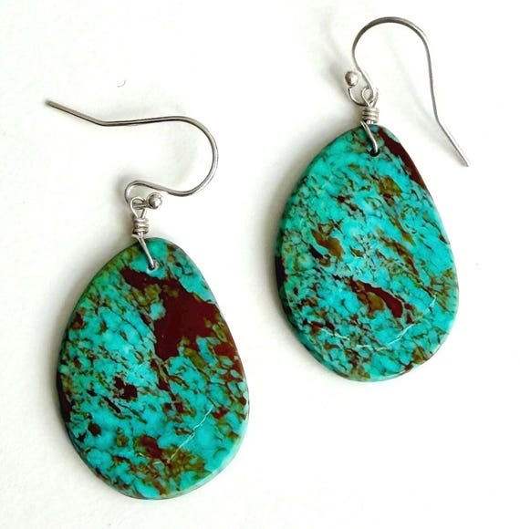 Vintage Turquoise Slab Dangle Earrings Native American Santo Domingo