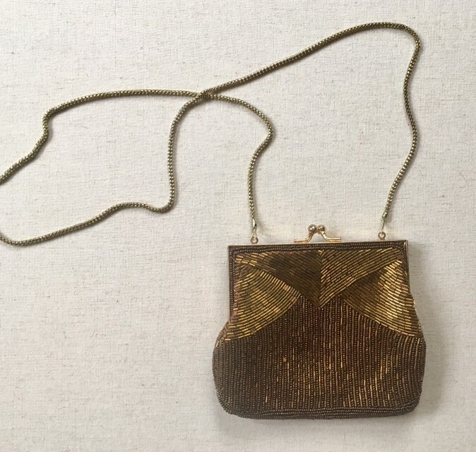 Gold Copper Beaded Purse Evening Purse Bag Handbag Vintage 50s Gold ...