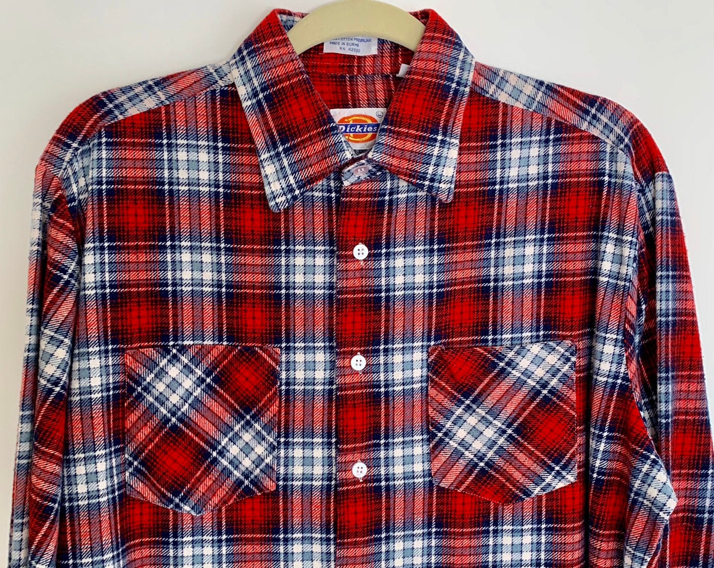 Mens Lumberjack Flannel Shirt Vintage Dickies Button Up Red White Blue ...