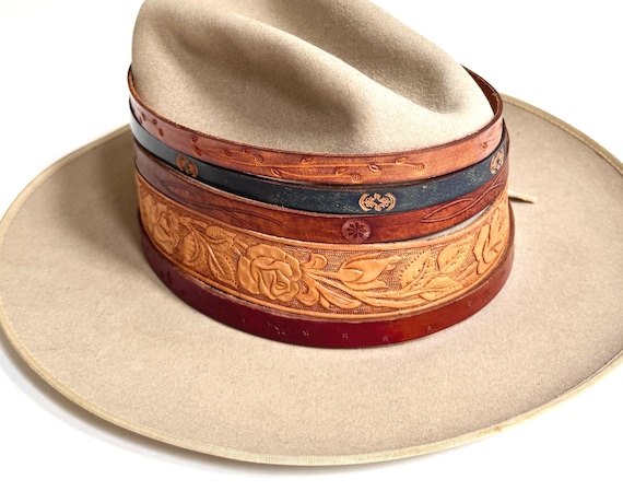 Western Leather Hat Band Handmade Cowboy Hat Band Repurposed from Vintage Leather Belts Tooled Floral Star Rose Brown Tan Leather