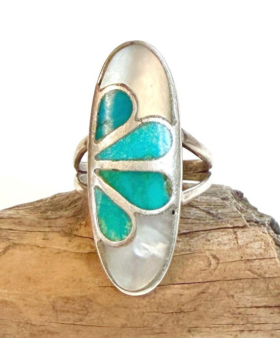 Vintage Zuni Turquoise Ring Vintage Native American Sterling Silver Flush Floral Inlay Size 7.75
