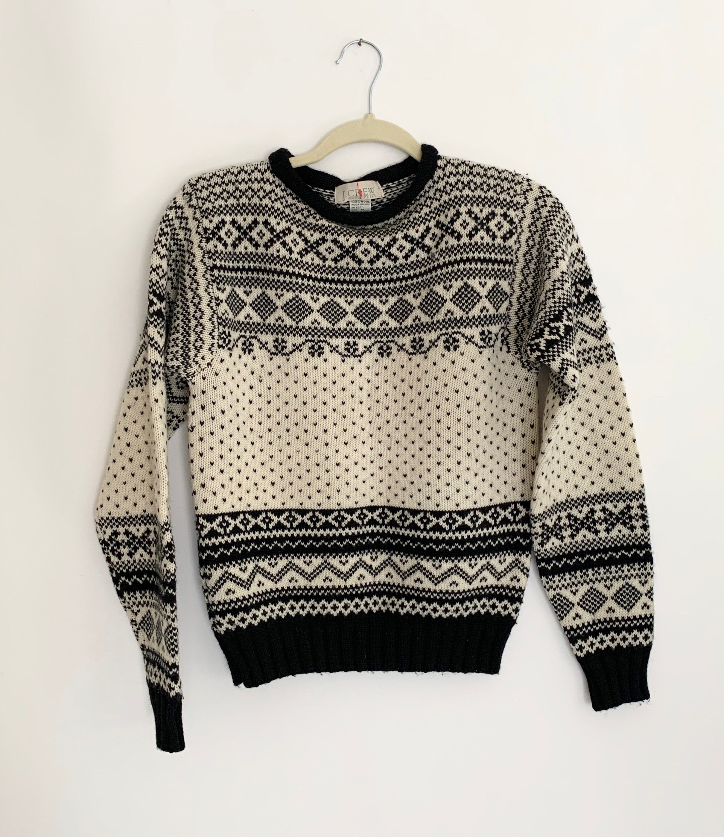 80s JCrew Sweater Fair Isle Geometric Black Natural White Knit Vintage J Crew Outfitters Made in Hong Kong Roll Neck Size S